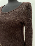 womens top  womens shirt  womens  vintage  sweater  St Michael  shimmer  round neck  retro  MOD  long sleeve  jumper  gold metallic  gold  elasticated  disco  dark brown  brown  70s  60s  1970s  1960s  12