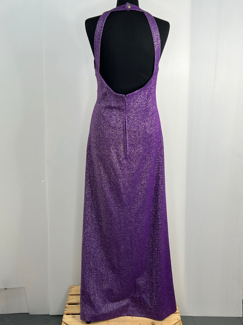 womens  vintage  v-neck dress  V-Neck  Urban Village Vintage  urban village  studio 54  strappy  sleeveless  roll neck  Richard Roberts  purple  party season  party dress  party  new year  metallic  maxi dress  made in england  lurex  low back design  long length dress  glittery  glitter  fitted waist  fitted dress  fitted  evening dress  evening  dress  disco dress  disco  christmas  backless  back zip  70s  1970s