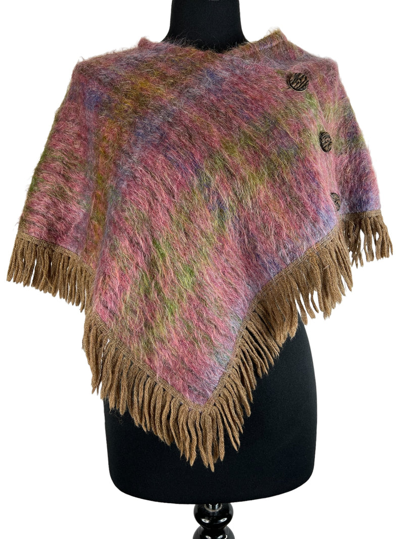 vintage  Urban Village Vintage  shoulder cape  short length  S  purple  poncho  mohair  mauve  fringed  check  cape  button  60s  1960s