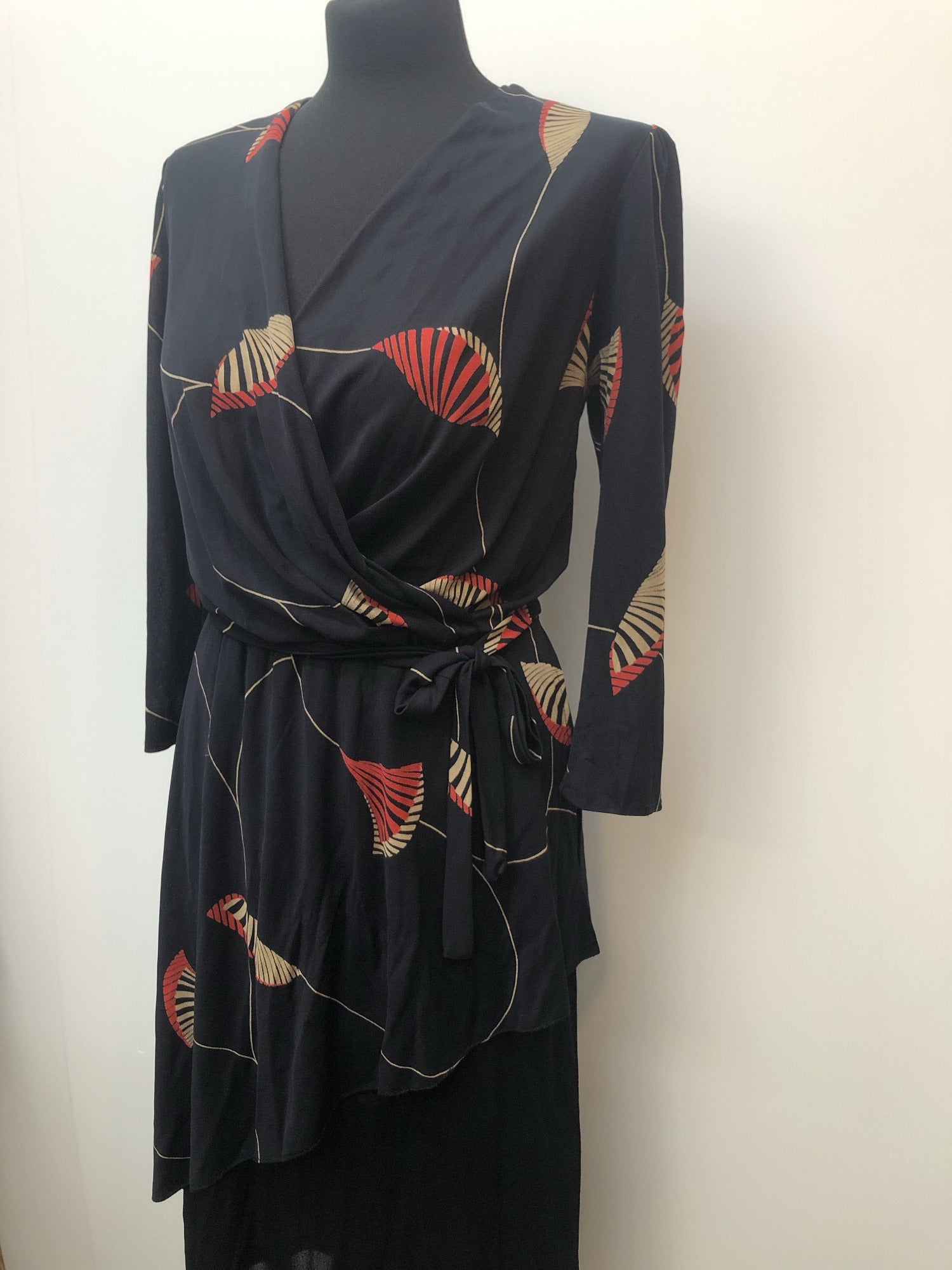 wrap front  womens  waist belt  vintage  Urban Village Vintage  red  midi dress  midi  long sleeve  dress  Bille Paris  belted dress  80s  70s  1980s  1970s