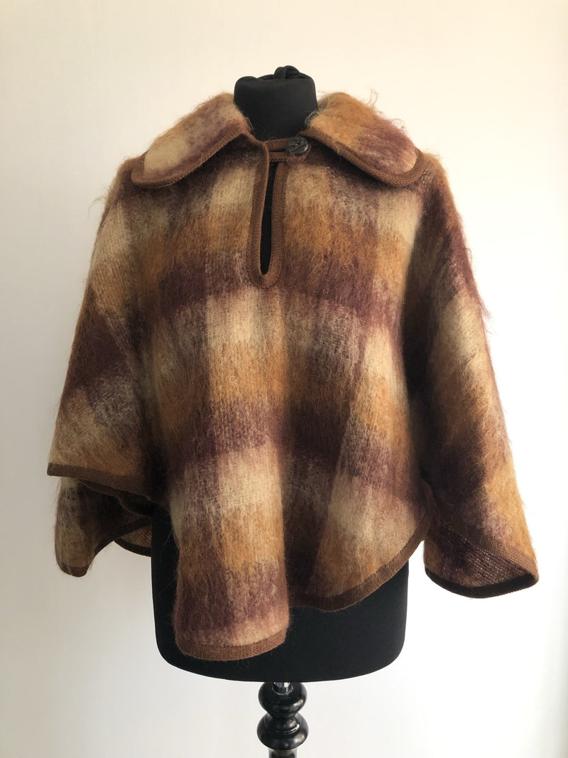 womens  vintage  Urban Village Vintage  tassle  tartan  s  round collar  poncho  fringed  fringe  Fraser Cameron  check  cape  brown  60s  1960s