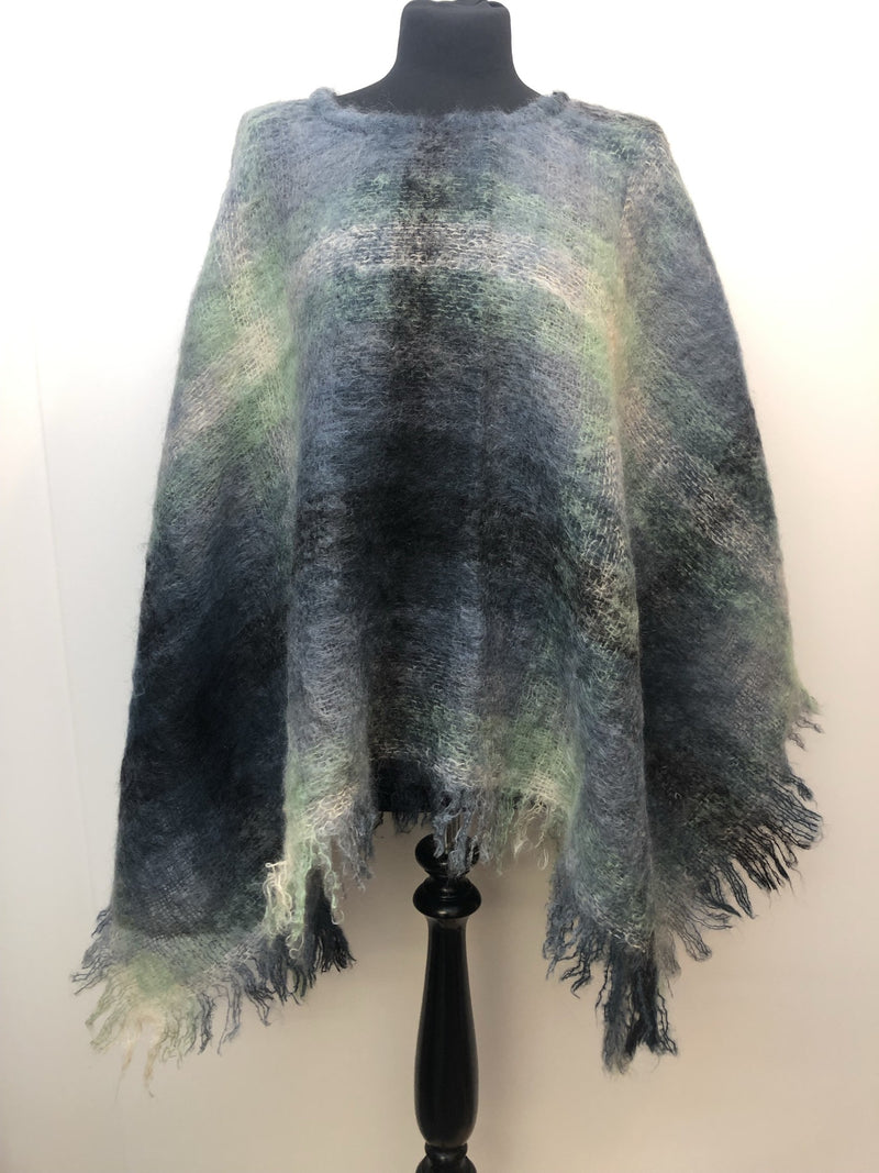 Wool  vintage  poncho  One Size  Mohair  Heather Glen  cape  blue  60s  1960s