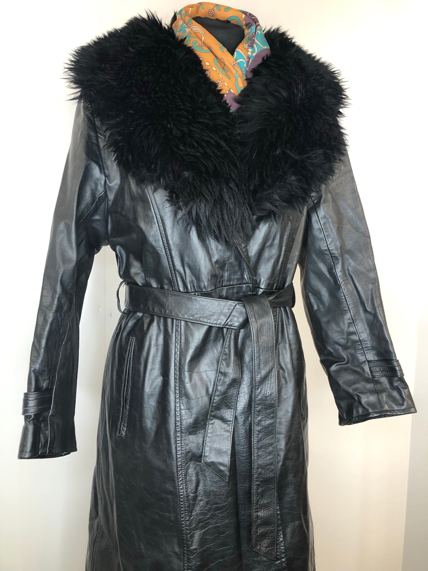 womens jacket  womens coat  womens  waist belt  vintage  Urban Village Vintage  urban village  trench coat  pockets  pleat back  long length  Leather Jacket  Leather  Jacket  button  black  Belted waist  belted jacket  belt  70s  70  1970s  12