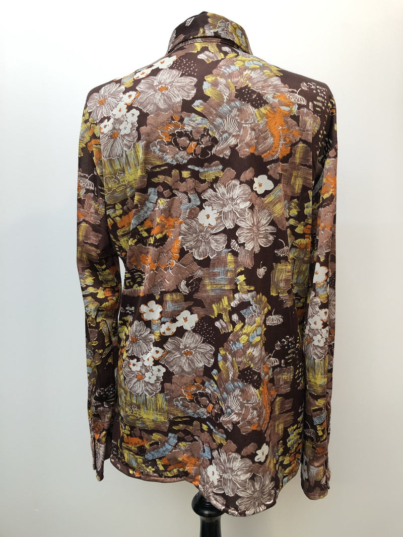 womens shirt  womens  vintage  Urban Village Vintage  urban village  Shirt  printed shirt  patterned  patterened  long sleeve  hippy  hippie  floral shirt  floral print  floral  dagger collar  collar  brown  blouse  big collar  70s  1970s  16