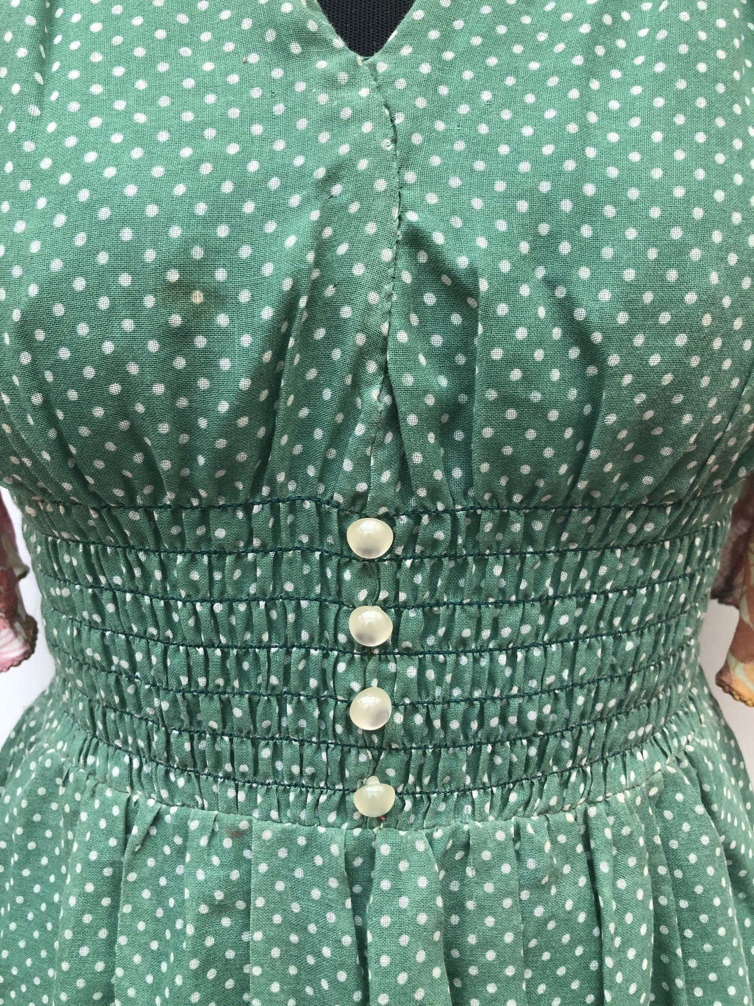 womens  vintage  Urban Village Vintage  summer dress  ruched waist  polka dot  maxi dress  long dress  lace print  hippy  hippie  Green  floral print  floral dress  floral  dress  button front  boho  bohemian  angel sleeve  8  70s  1970s