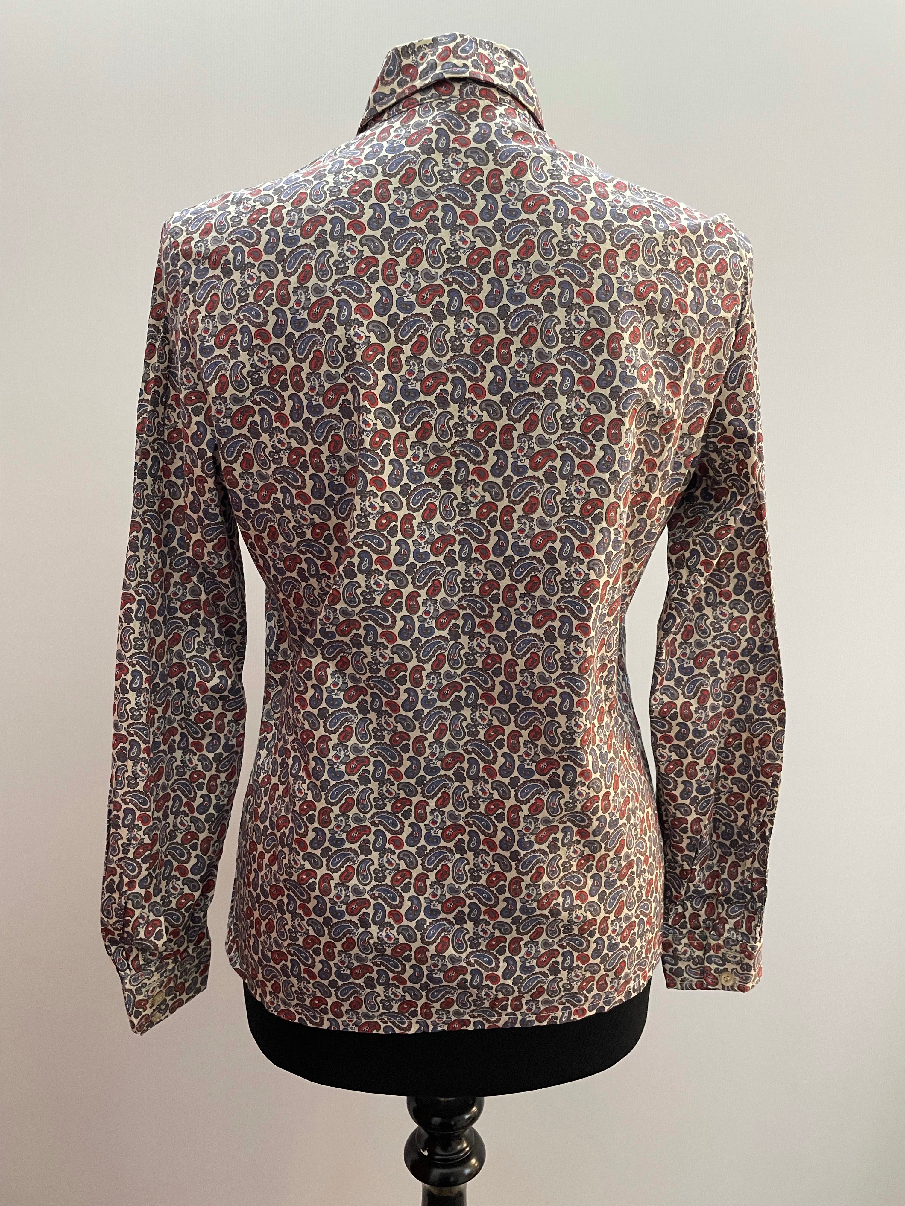 1970s Paisley Print Blue, Red and White Cotton Blouse by Jaeger - Size UK 10