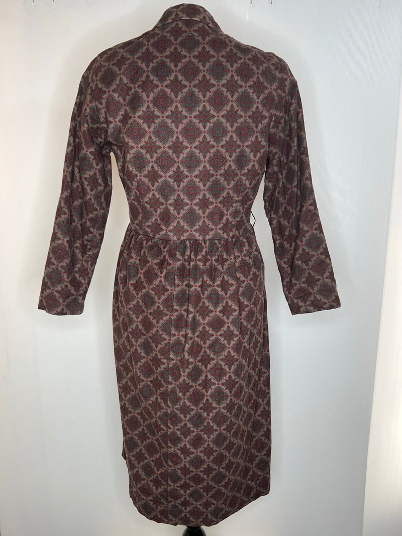 womens  vintage  retro  midi dress  midi  long sleeve  high neck  dress  diamond print  dark brown  button up  button  brown  70s  1970s  10