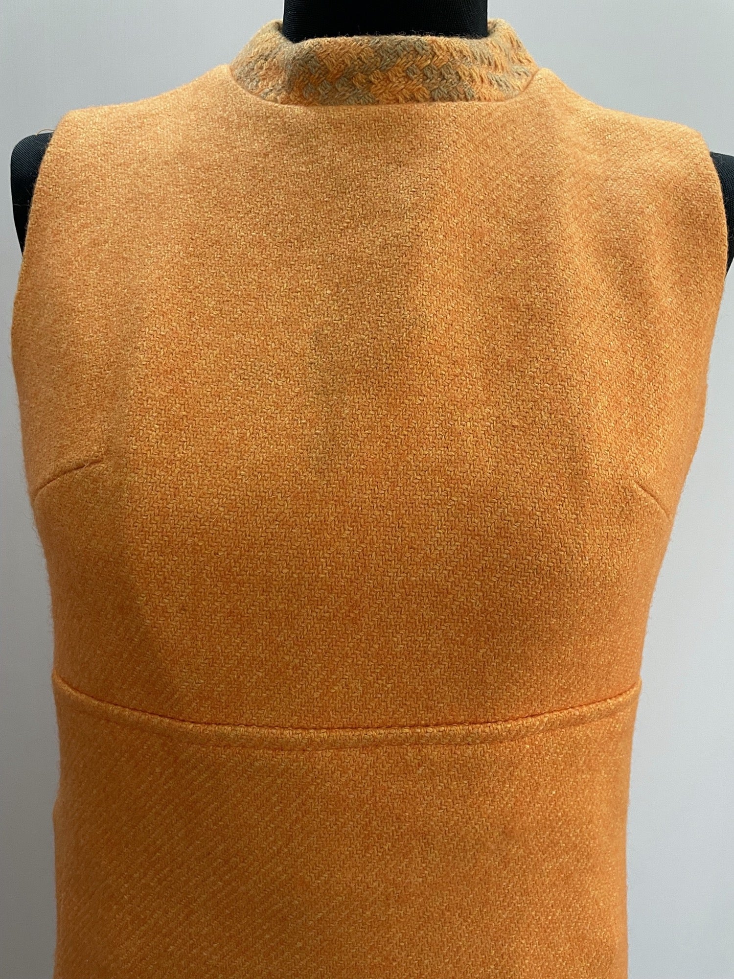 zip back  zip  wool  womens  vintage  Urban Village Vintage  urban village  thick  summer dress  summer  sleeveless  shift dress  pure wool  orange  neck detailing  MOD  midi dress  London Maid  dresses  dress  back zip  60s  1960s  100% Wool  10