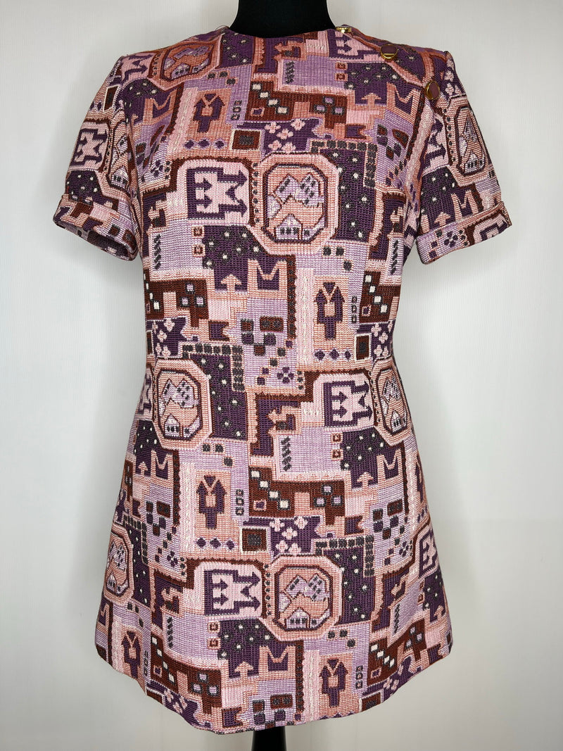 womens  vintage  tapestry design  tapestry  round neck  retro  purple  modette  mod dress  MOD  mini dress  mini  Fabiola dress  Erba  dress  decorative buttons  abstract print  a-line  60s  1960s  12