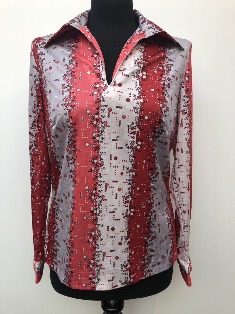 womens  vintage  Urban Village Vintage  urban village  silver  Shirt  red  print  long sleeves  long sleeve  floral print  floral  dagger collar  collar  circle print  blouse  big collar  70s  70  1970s  12