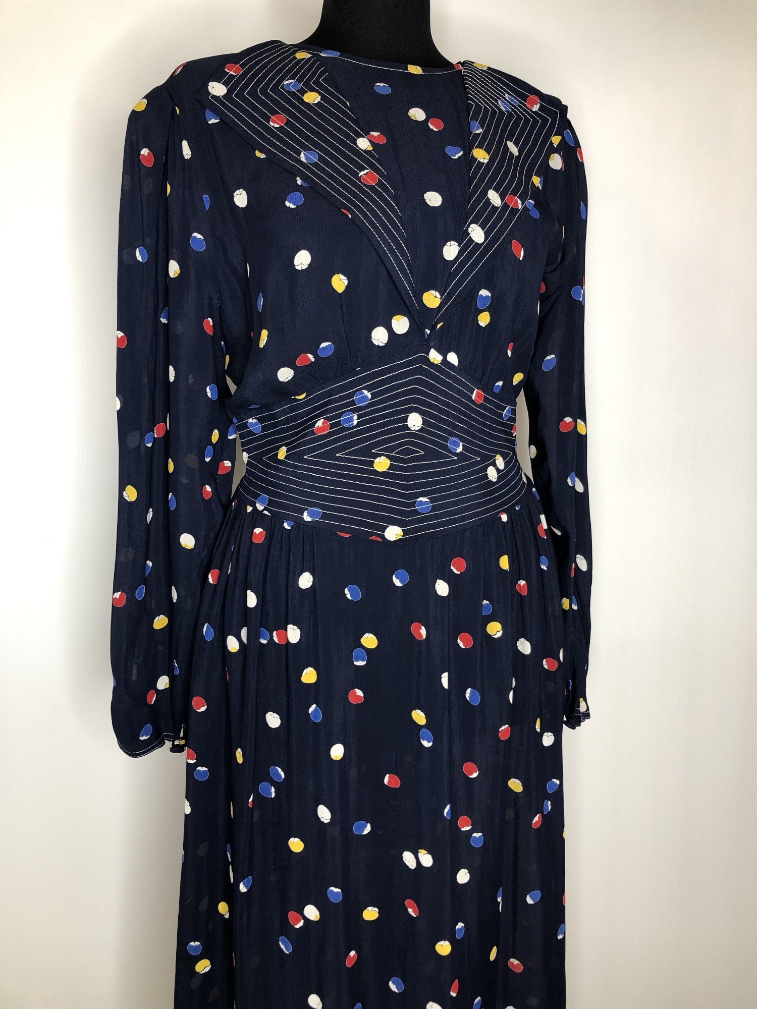 womens  white  vintage  Urban Village Vintage  summer dress  stitch detailing  stitch detail  print  navy  multi  long sleeve  dress  circle print  circle  blue  70s  1970s  16