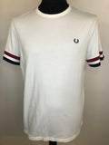 Fred Perry T-Shirt in White with Striped Sleeves - Size L