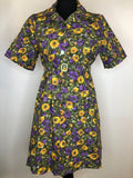 yellow  womens  vintage  urban village  spring  purple  fitted waist  dress  day dress  collared dress  button front  belted  50s  1950s  12
