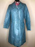 1970s Long Leather  Coat in Blue - Size UK 12