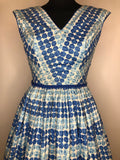 zip  womens  white  vintage  Urban Village Vintage  urban village  summer dress  side zip  print  Polka Dot  floral dress  fit n flare  fit and flare  dress  blue  50s  1950s  10