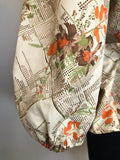 womens  vintage  top  peplum  floral print  drawstring waist  blouse  beige  balloon sleeves  balloon sleeve  70s  1970s  10