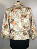 womens  vintage  top  peplum  floral print  drawstring waist  blouse  beige  balloon sleeves  balloon sleeve  70s  1970s  10