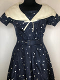 zip  womens  vintage  Urban Village Vintage  urban village  summer dress  shirt waist  sailor collar  print  polka dot  pleat detail  large collar  dress  blue  8  50s  1950s