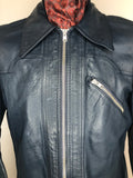 vintage  Urban Village Vintage  pockets  mens  long sleeve  Leather Jacket  Leather Coat  Leather  L  Jacket  dagger collar  coat  blue  70s  1970s