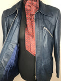 vintage  Urban Village Vintage  pockets  mens  long sleeve  Leather Jacket  Leather Coat  Leather  L  Jacket  dagger collar  coat  blue  70s  1970s