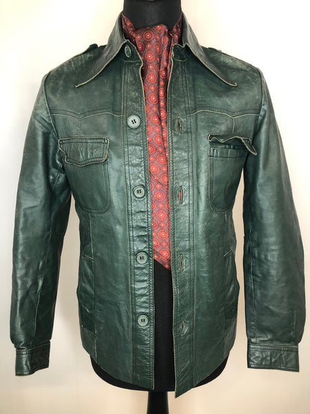 Vintage 1970s Leather Dagger Collar Jacket in Green - Size S
