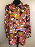 1970s Psychedelic Print Blouse in Green and Pink - Size UK 14