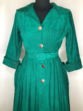 vintage  urban village  purple  Melbray  green  full circle  floral  fitted waist  dress  day dress  corduroy  collared dress  button front  belted  50s  1950s  10