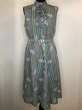 1970s Stripe Ruffle Front Belted Dress in Pastels - Size UK 14