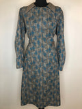 1970s Dagger Collar Patterned Dress by Linda Leigh London - Size UK 18