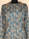 zip back  zip  womens  vintage  Urban Village Vintage  urban village  straps  sheer  retro  Patterned  long sleeve  high neck  grey  dress  dagger collar  blouse  back zip  70s  1970s  18