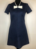 womens  vintage  Stripes  retro  print dress  polka dot  MOD  mini dress  long sleeve  dress  bow front  blue  8  60s  1960s