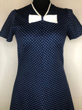 womens  vintage  Stripes  retro  print dress  polka dot  MOD  mini dress  long sleeve  dress  bow front  blue  8  60s  1960s