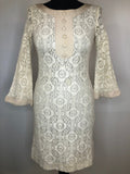 womens  white  vintage  Urban Village Vintage  print dress  long sleeved  lace  ivory  dress  decorative button front  cream  bell sleeve  8  70s  1970s