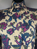 womens shirt  womens  vintage  Urban Village Vintage  urban village  top  summer  Shirt  retro  purple  patterned  multi  morgan of London  evening blouse  dagger collar  dagger  collar  blouse  70s  70  1970s