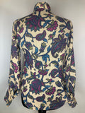 womens shirt  womens  vintage  Urban Village Vintage  urban village  top  summer  Shirt  retro  purple  patterned  multi  morgan of London  evening blouse  dagger collar  dagger  collar  blouse  70s  70  1970s