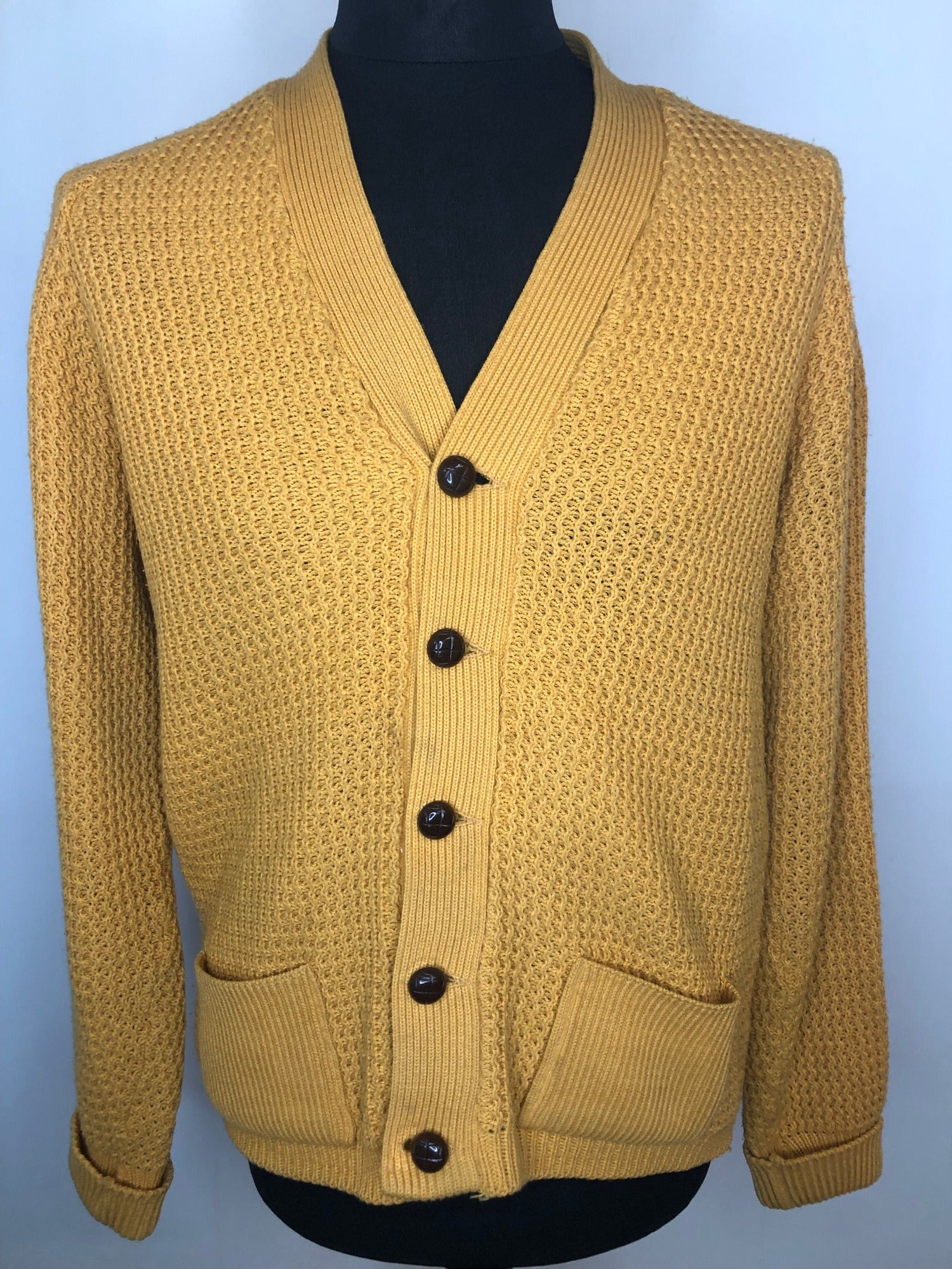 L  Yellow  vintage  urban village  Suede  Peter James  mustard  mens  long sleeves  long sleeve  cardigan  cardi  button  70s  1970s