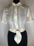 1970s Tie Waist Cheesecloth Striped Cropped Blouse - Size UK 8-10