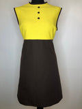 Yellow  womens  vintage  retro  pussy bow  MOD  knee length dress  knee length  dress  decorative button front  60s  1960s  14