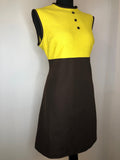 Yellow  womens  vintage  retro  pussy bow  MOD  knee length dress  knee length  dress  decorative button front  60s  1960s  14