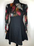 1960s Floral Print Long Sleeve Mini Dress in Black - Size UK 10