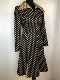 womens  vintage  Urban Village Vintage  polka dot print  pleat detailing  large collar  dress  black  70s  1970s  10