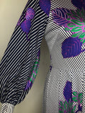 womens  white  vintage  Urban Village Vintage  Stripes  purple  print dress  print  pleat detailing  maxi dress  long sleeve  floral print  dress  Berketex  balloon sleeves  balloon sleeve  8  70s  1970s