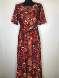 womens  vintage  Urban Village Vintage  short sleeved  short sleeve dress  short sleeve  print dress  print  paisley style print  orange  maxi dress  floral print  dress  burgundy  angel sleeve  70s  1970s  16