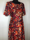 womens  vintage  Urban Village Vintage  short sleeved  short sleeve dress  short sleeve  print dress  print  paisley style print  orange  maxi dress  floral print  dress  burgundy  angel sleeve  70s  1970s  16