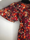 womens  vintage  Urban Village Vintage  short sleeved  short sleeve dress  short sleeve  print dress  print  paisley style print  orange  maxi dress  floral print  dress  burgundy  angel sleeve  70s  1970s  16