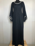10  womens  vintage  Urban Village Vintage  Richard Shops  print dress  print  metallic trims  Medieval sleeve  maxi dress  long sleeve  evening dress  dress  black  70s  1970s