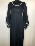 10  womens  vintage  Urban Village Vintage  Richard Shops  print dress  print  metallic trims  Medieval sleeve  maxi dress  long sleeve  evening dress  dress  black  70s  1970s