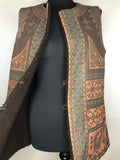 womens  waistcoat  vintage  vest  tribal  Suede Jacket  Peruvian print  mexican  Jacket  green  gilet  faux sheepskin  brown  aztec print  aztec  70s  70  1970s  10