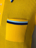 Yellow  vintage  Urban Village Vintage  urban village  Three Button  Silan  short sleeved  retro  polo top  polo  pointed collar  MOD  mesh  Lightweight Knit  light knit  L  knit polo  knit  fine knit  button down  button  blue stripe  70s  70  1970s