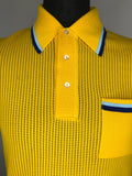 Yellow  vintage  Urban Village Vintage  urban village  Three Button  Silan  short sleeved  retro  polo top  polo  pointed collar  MOD  mesh  Lightweight Knit  light knit  L  knit polo  knit  fine knit  button down  button  blue stripe  70s  70  1970s